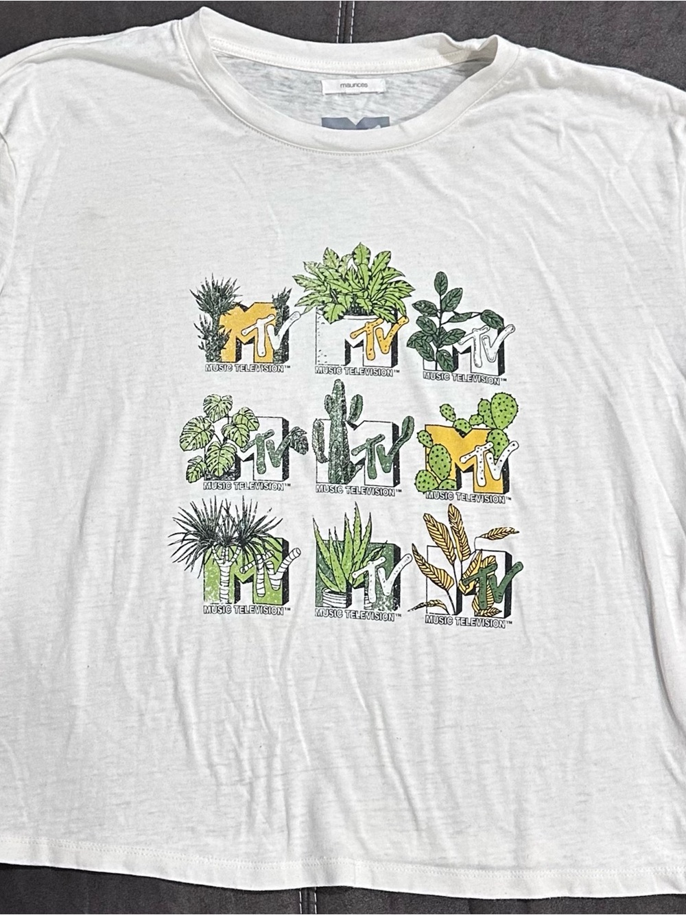 Maurices White Tee with Green & Yellow Botanical MTV Grid